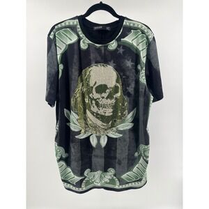 Hudson Outerwear Mens 2X Money Skull Rhinestone Graphic T-Shirt Black Green 100